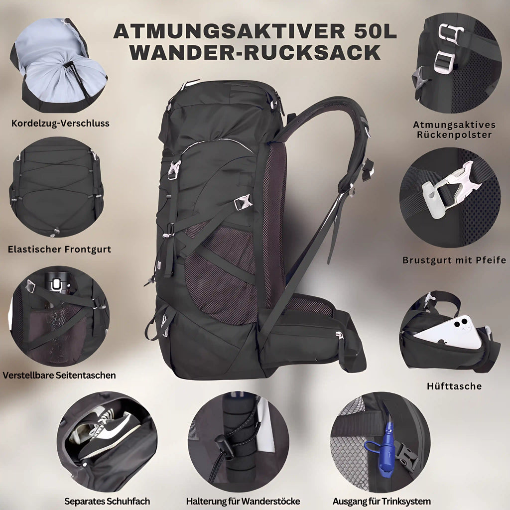 Wanderrucksack 50L – Reiserucksack mit Regenschutz & Komfort