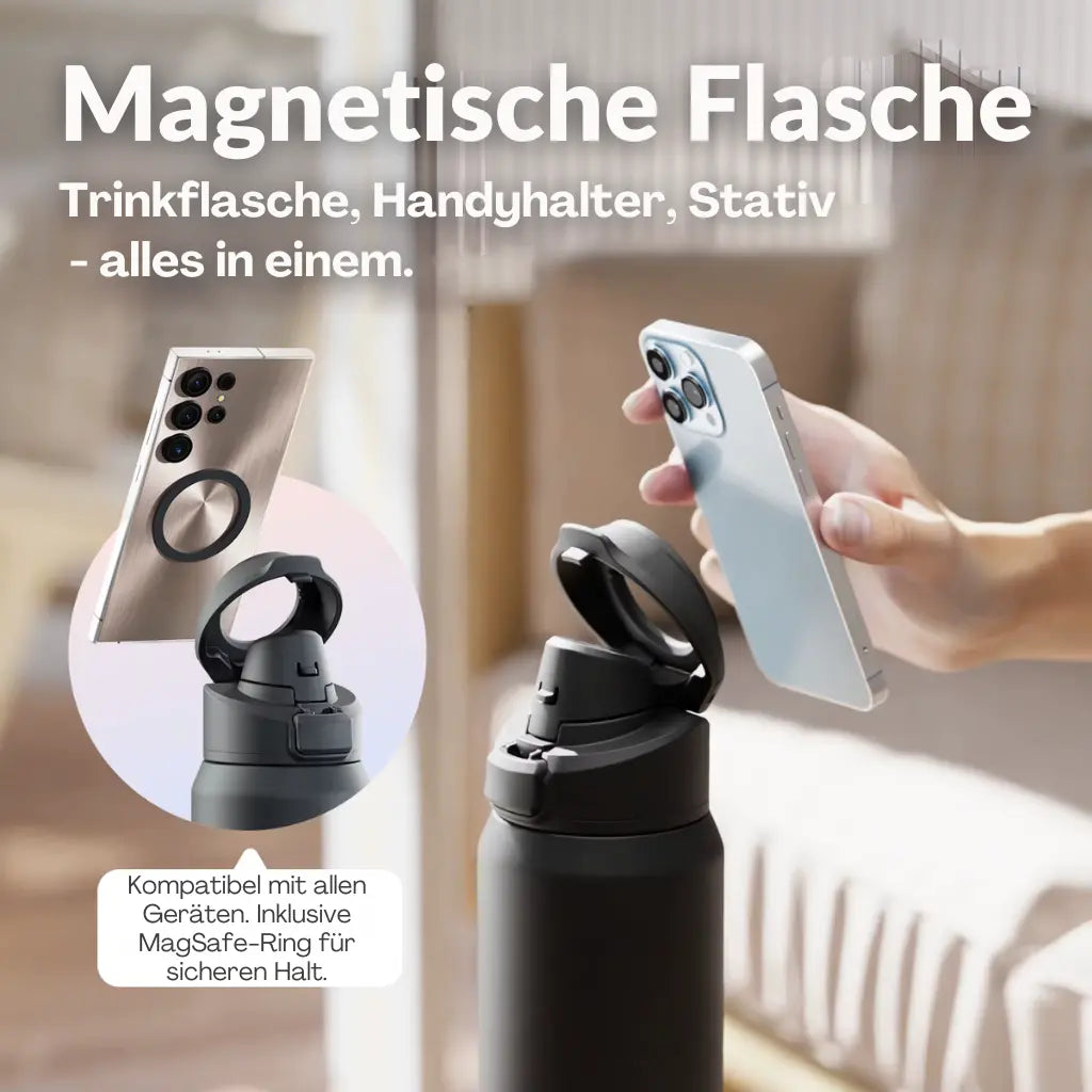 Trinkflasche Edelstahl – Thermos mit Magnet Handyhalterung